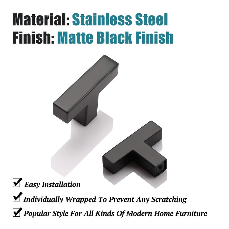KNOBWELL 6 Pack Black Drawer Knobs and Pulls, T Bar Matte Black Cabinet Knobs, Dresser Drawer Knobs for Kitchen and Bathroom - Single Hole 50mm/2" - Image 5